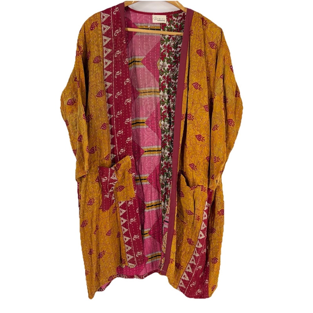 Womens Indian Mid Length Kantha Jacket OS Coloful Floral Mixed Print Pockets